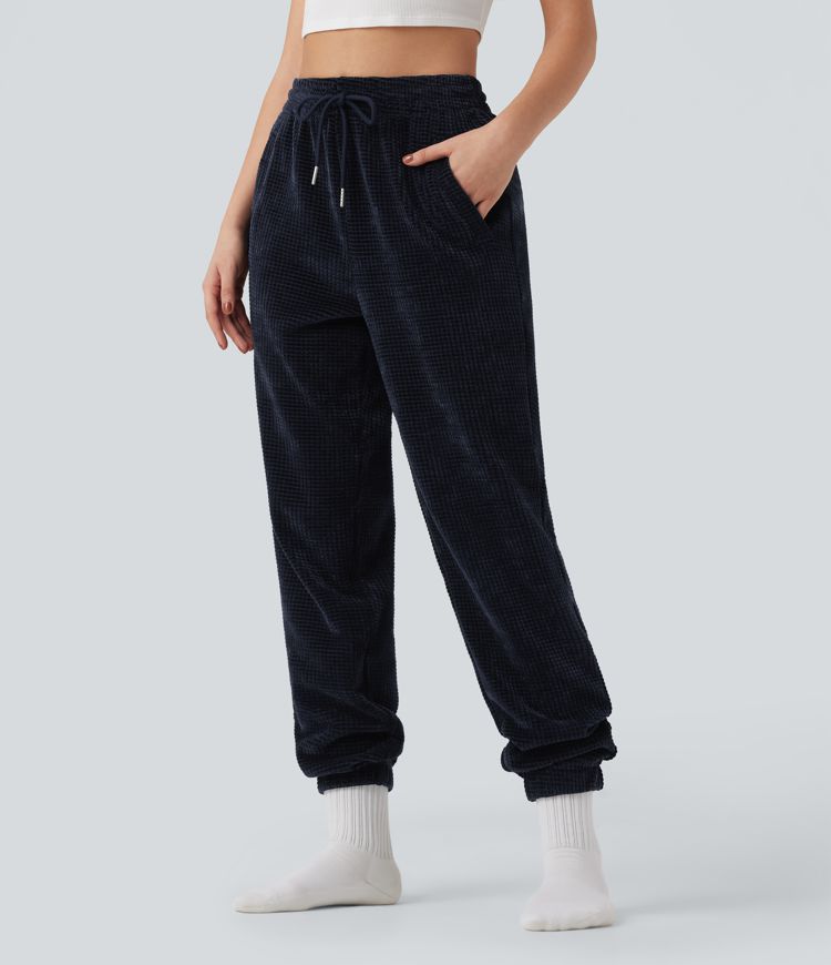 Lässige Jogginghose mit hohem Bund, Kordelzug, Chenille-Waffelstruktur und Taschen Lässige Jogginghose mit hohem Bund, Kordelzug, Chenille-Waffelstruktur und Taschen