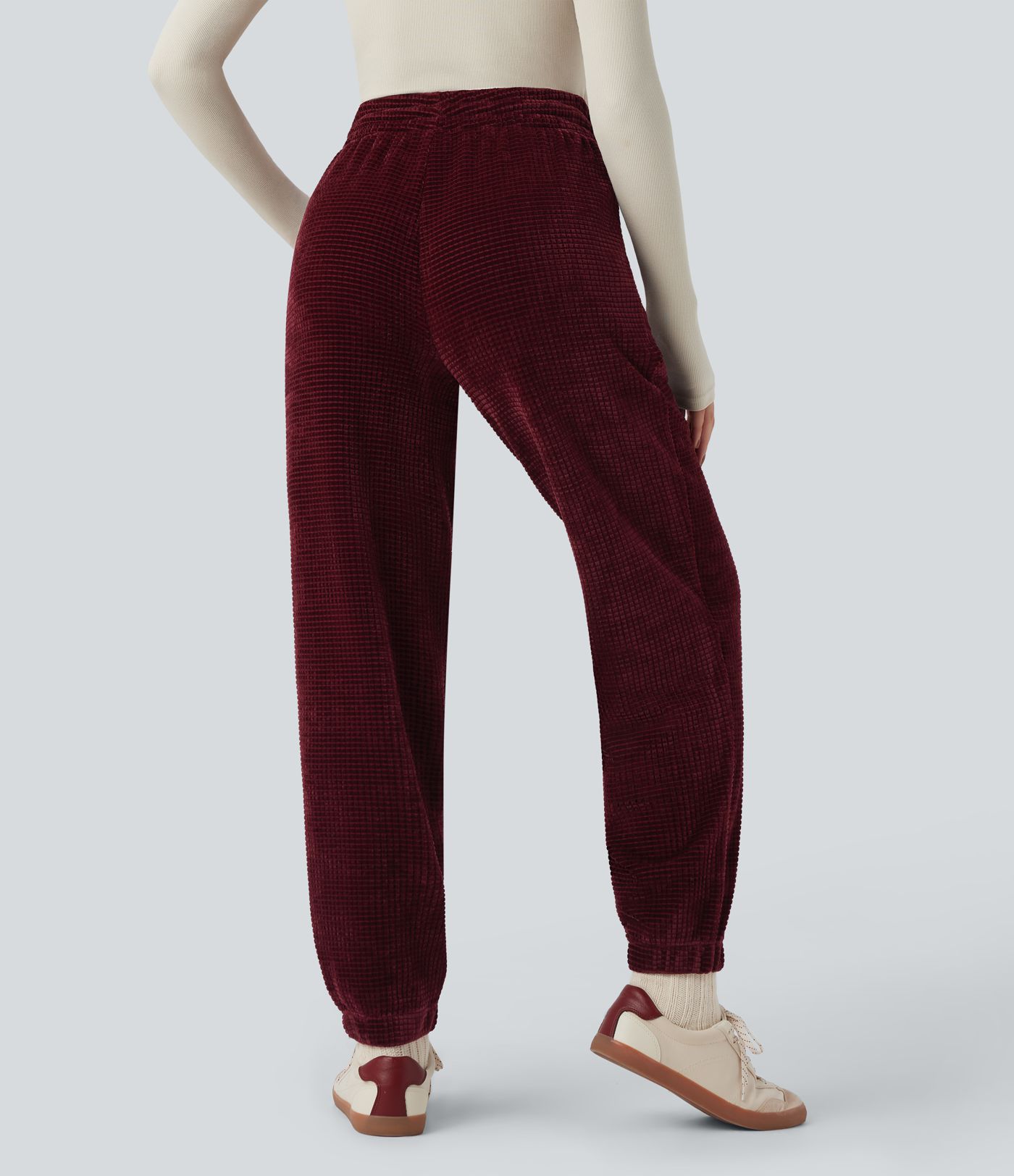 High Waisted Drawstring Chenille Waffle Casual Joggers with Pockets