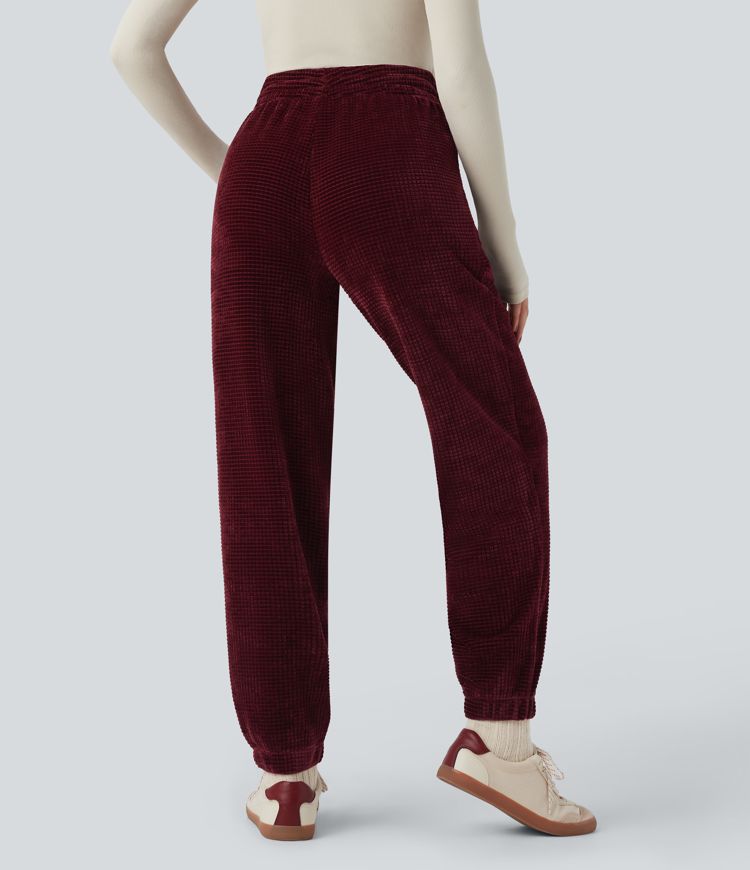 High Waisted Drawstring Chenille Waffle Casual Joggers with Pockets
