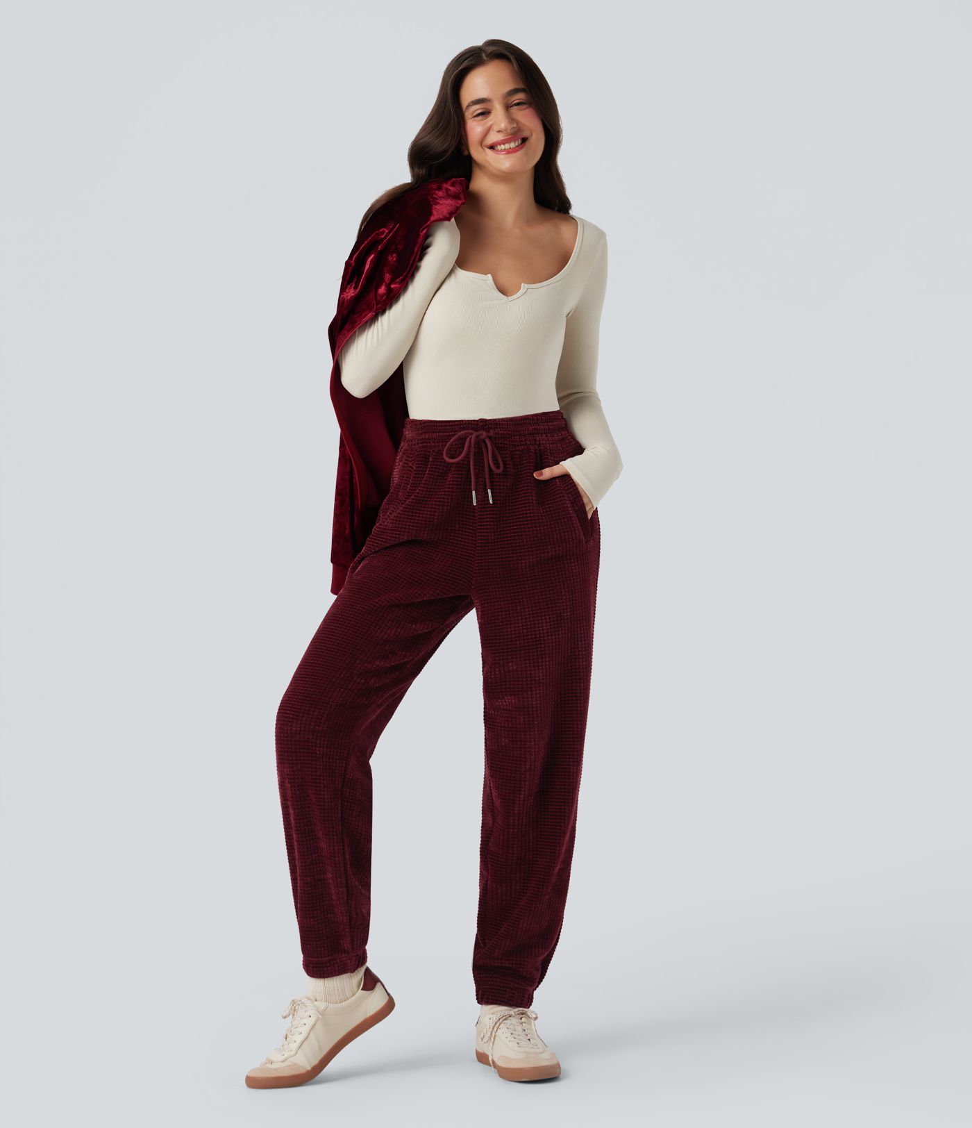 High Waisted Drawstring Chenille Waffle Casual Joggers with Pockets