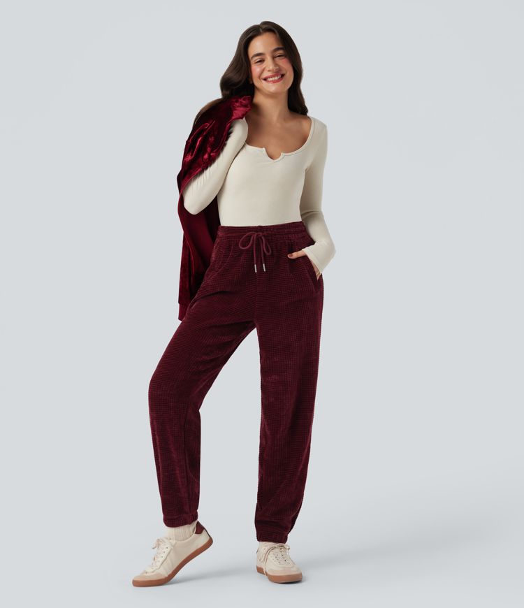 High Waisted Drawstring Chenille Waffle Casual Joggers with Pockets
