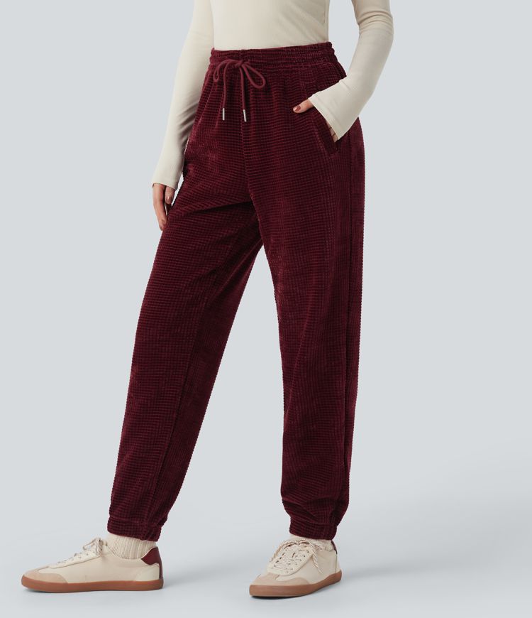 High Waisted Drawstring Chenille Waffle Casual Joggers with Pockets
