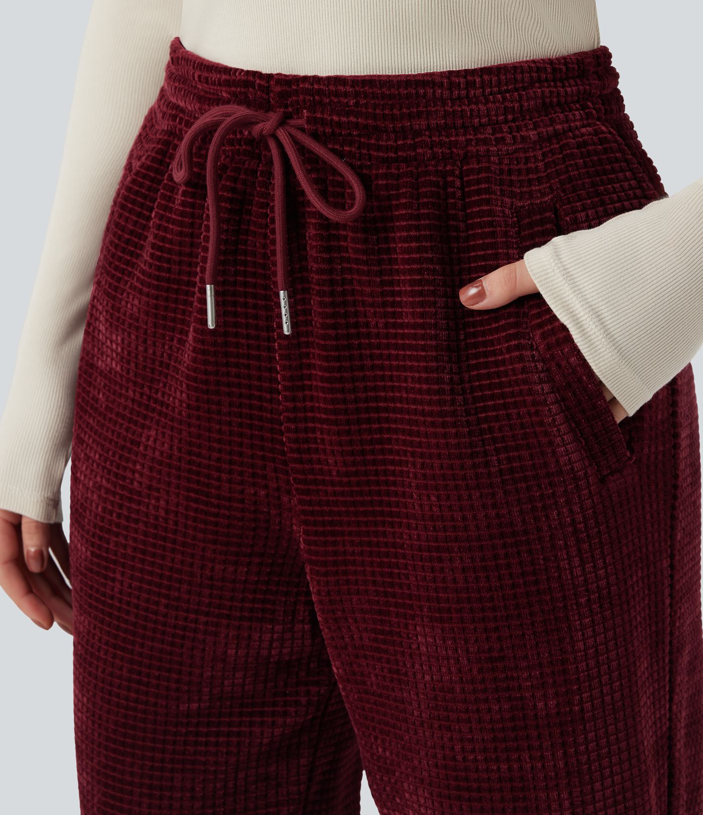 High Waisted Drawstring Chenille Waffle Casual Joggers with Pockets