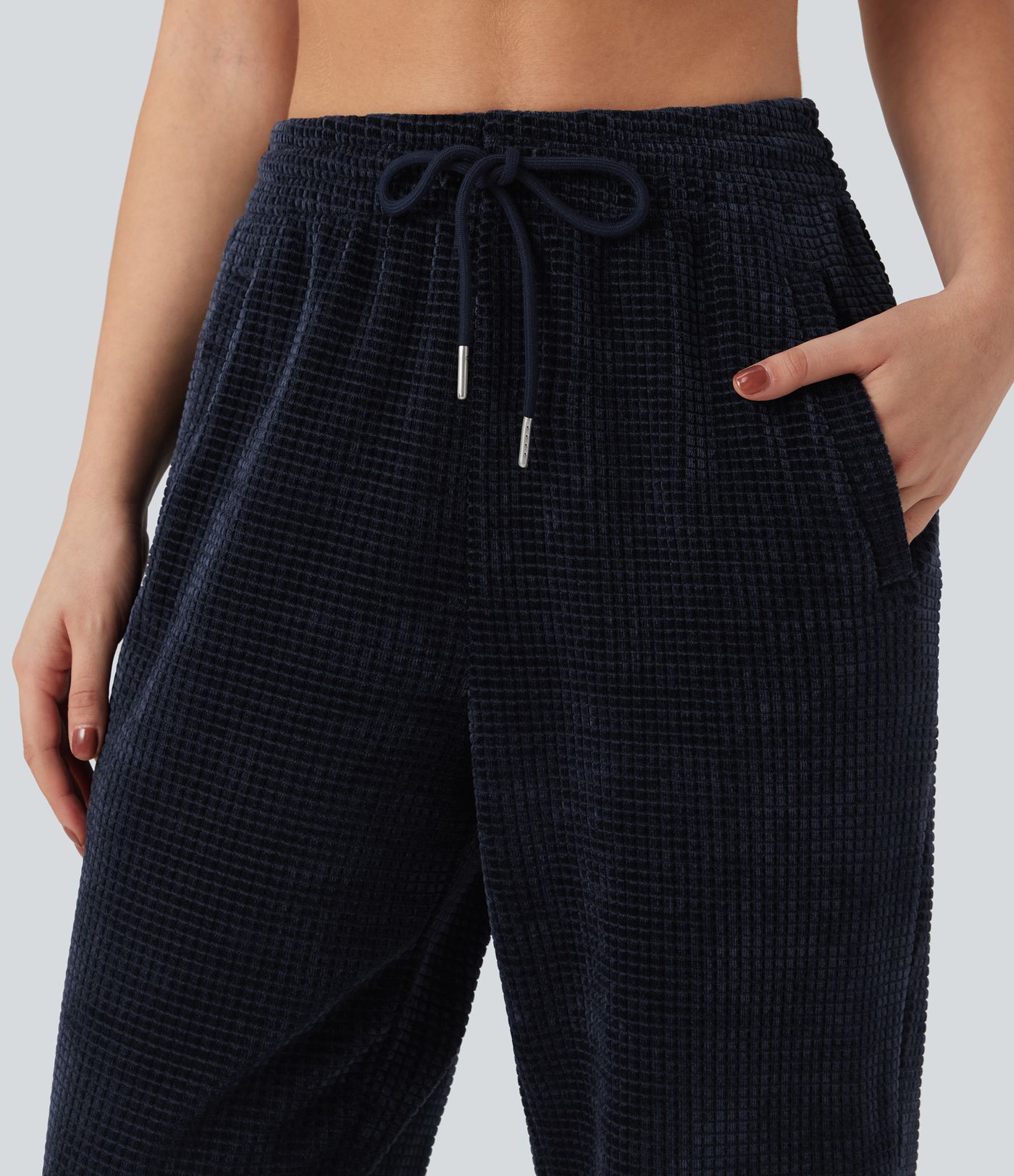 Lässige Jogginghose aus Chenille-Waffel mit hohem Bund, Seitentaschen und Kordelzug