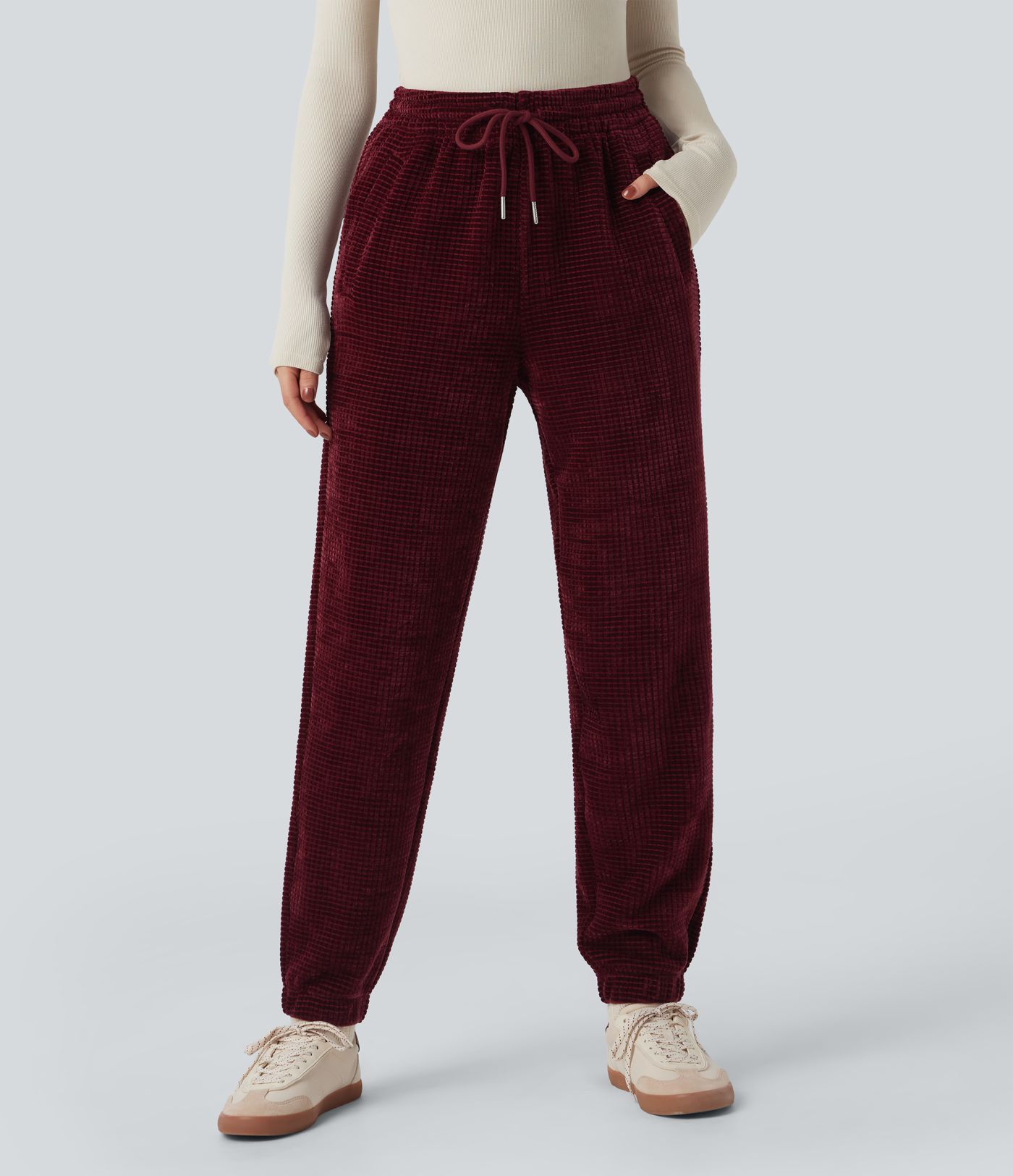High Waisted Drawstring Chenille Waffle Casual Joggers with Pockets