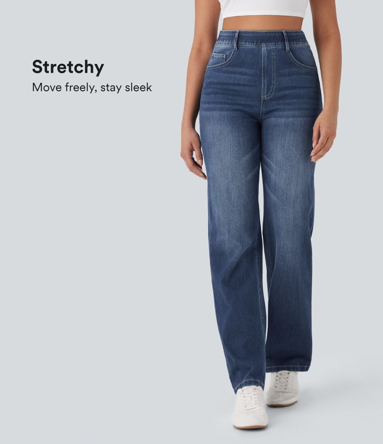 Halara Flex™ High Waisted Pockets Straight Leg Washed Casual Jeans