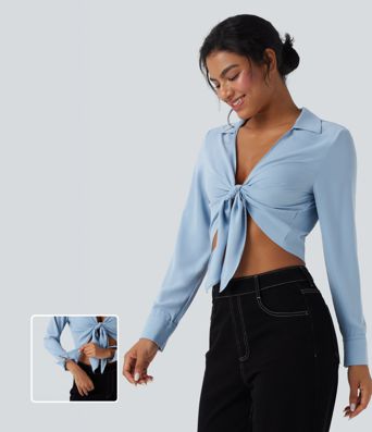 Tie Front Long Sleeve Cropped Casual Blouse