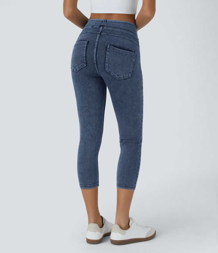 HalaraFlex™ High Waisted Back Side Pocket Stretchy Knit Denim Capri Casual Leggings