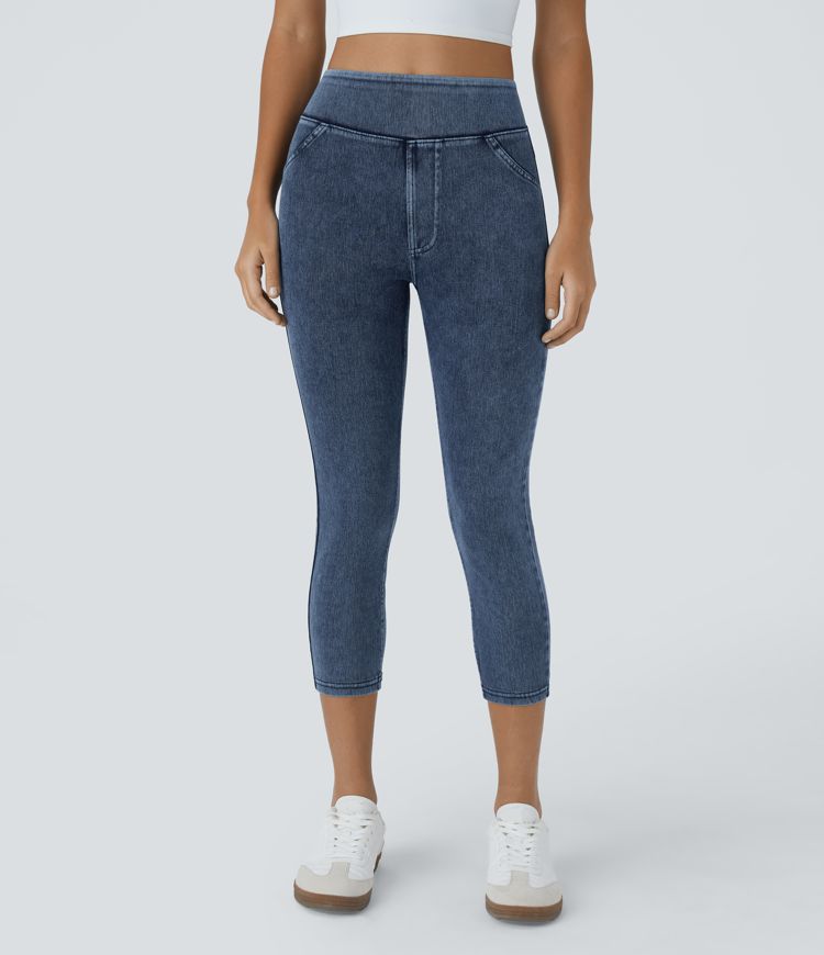 HalaraFlex™ High Waisted Back Side Pocket Stretchy Knit Denim Capri Casual Leggings