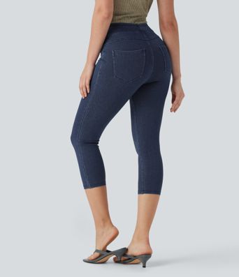 Halara Flex™ verkürzte Jeans Jeggings aus elastischem Strick-Denim mit hohem Bund und Gesäßtaschen