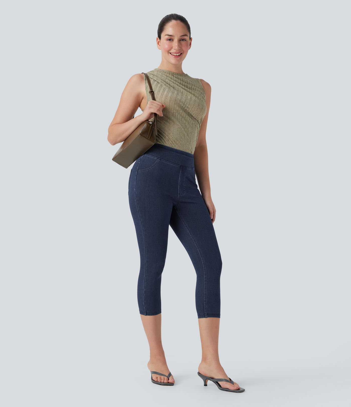 Halara Flex™ verkürzte Jeans Jeggings aus elastischem Strick-Denim mit hohem Bund und Gesäßtaschen