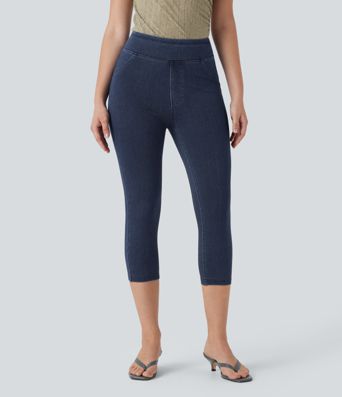 Halara Flex™ verkürzte Jeans Jeggings aus elastischem Strick-Denim mit hohem Bund und Gesäßtaschen