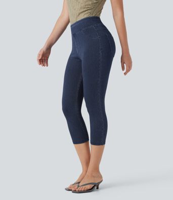 Halara Flex™ verkürzte Jeans Jeggings aus elastischem Strick-Denim mit hohem Bund und Gesäßtaschen