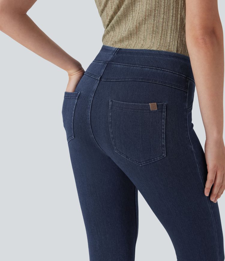 Halara Flex™ verkürzte Jeans Jeggings aus elastischem Strick-Denim mit hohem Bund und Gesäßtaschen