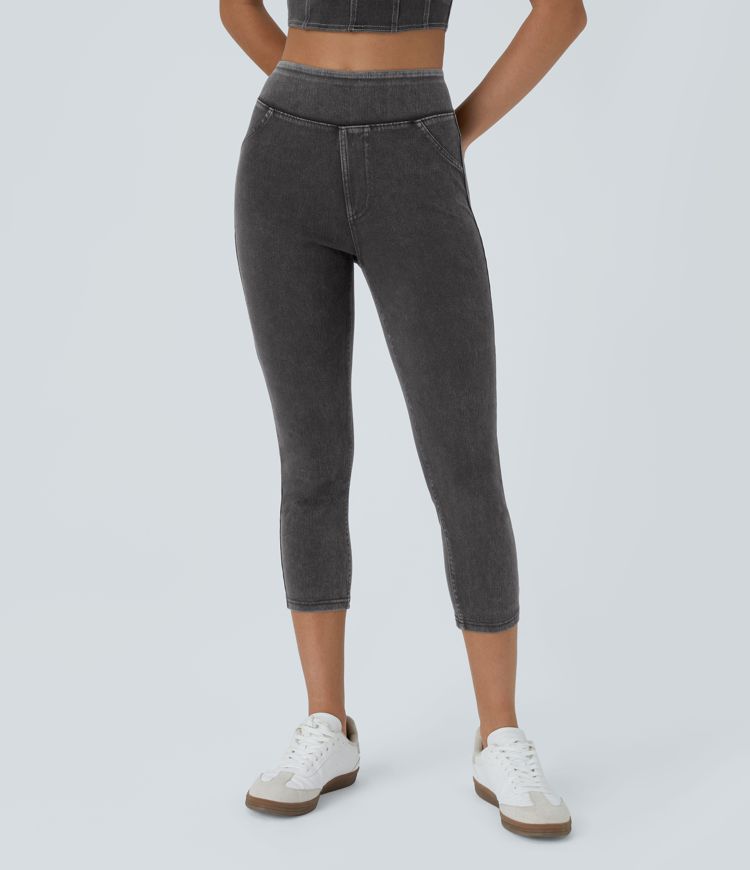 Halara Flex™ Freizeit-Capri-Leggings aus elastischem Denim mit hohem Bund und Gesäßtasche