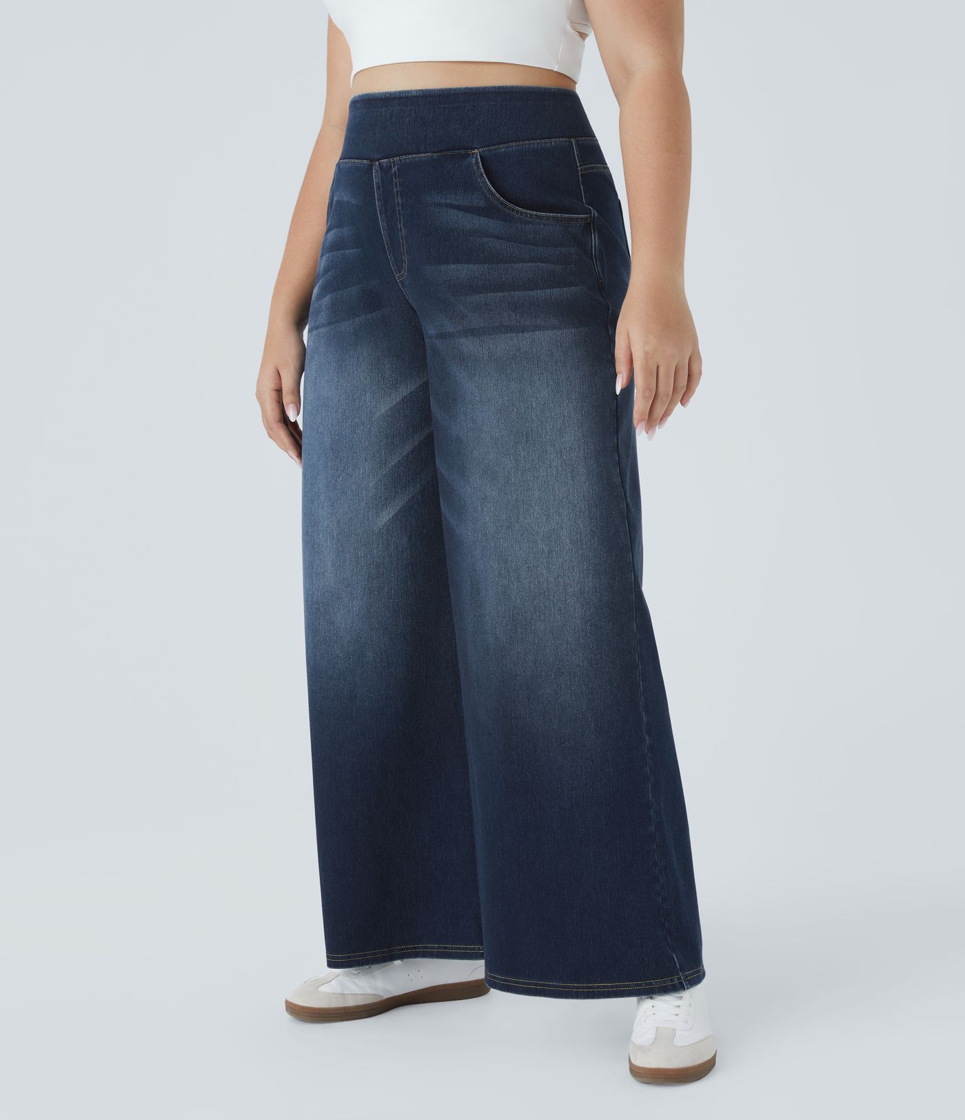 Halara Flex™ High Waisted Pockets Baggy Wide Leg Washed Casual Plus Size Jeans