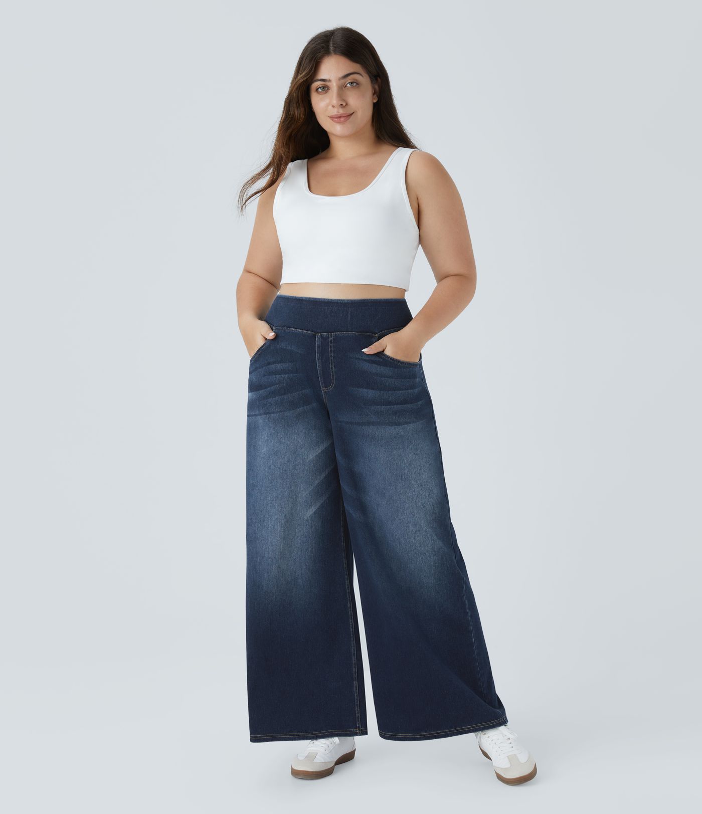 Halara Flex™ High Waisted Pockets Baggy Wide Leg Washed Casual Plus Size Jeans