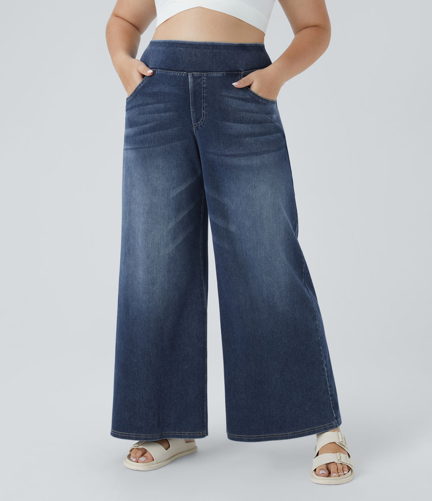 Halara Flex™ High Waisted Pockets Baggy Wide Leg Washed Casual Plus Size Jeans