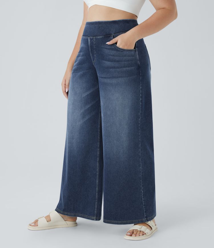 Halara Flex™ High Waisted Pockets Baggy Wide Leg Washed Casual Plus Size Jeans