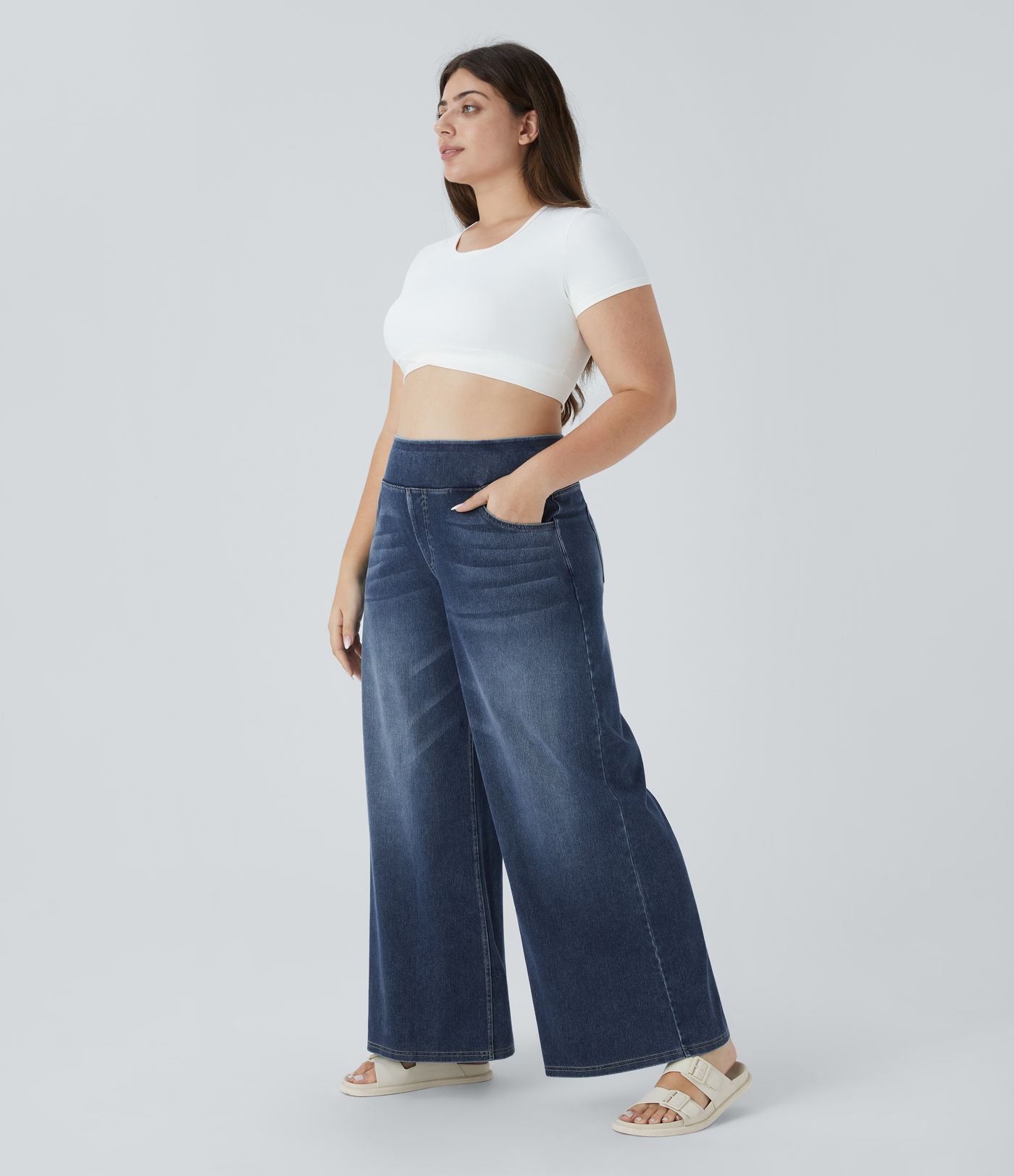 Halara Flex™ High Waisted Pockets Baggy Wide Leg Washed Casual Plus Size Jeans