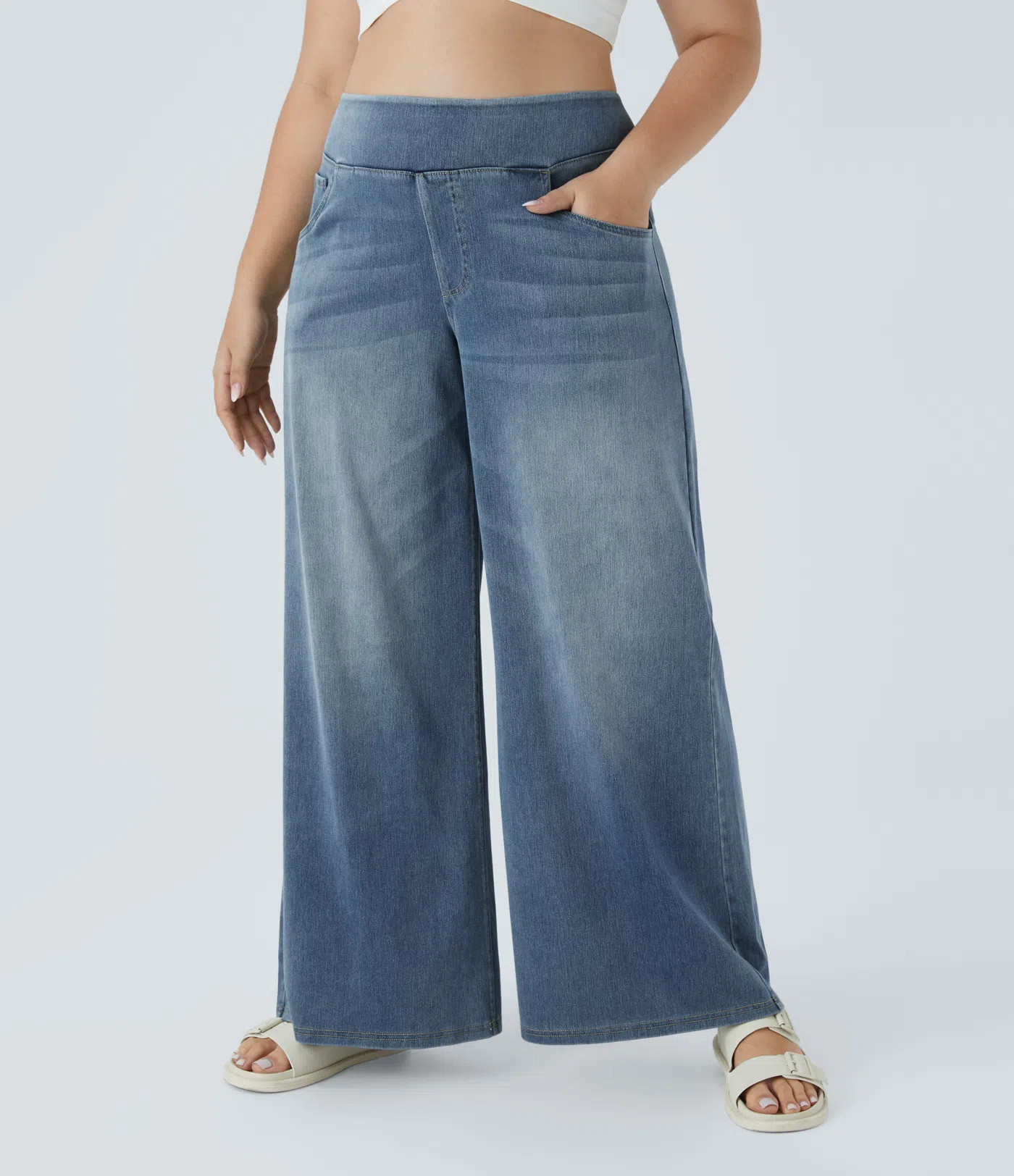 Halara Flex™ Jeans mit hoher Taille, mehreren Taschen, weites Bein, verwaschener, dehnbarer Strick, lässige Übergrößen-Jeans