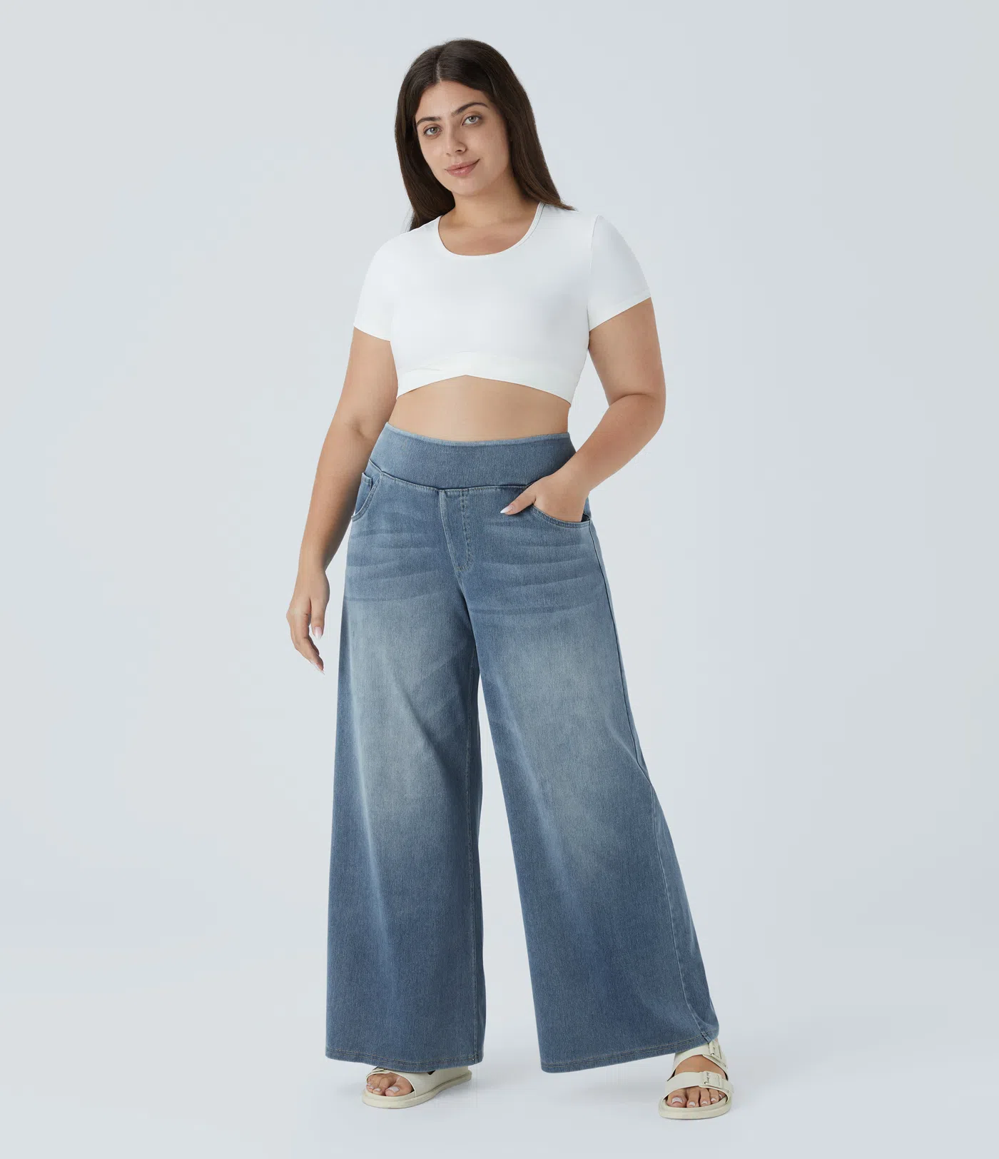 Halara Flex™ Jeans mit hoher Taille, mehreren Taschen, weites Bein, verwaschener, dehnbarer Strick, lässige Übergrößen-Jeans