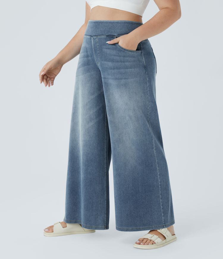 Halara Flex™ High Waisted Multiple Pockets Baggy Wide Leg Washed Stretchy Knit Casual Plus Size Jeans