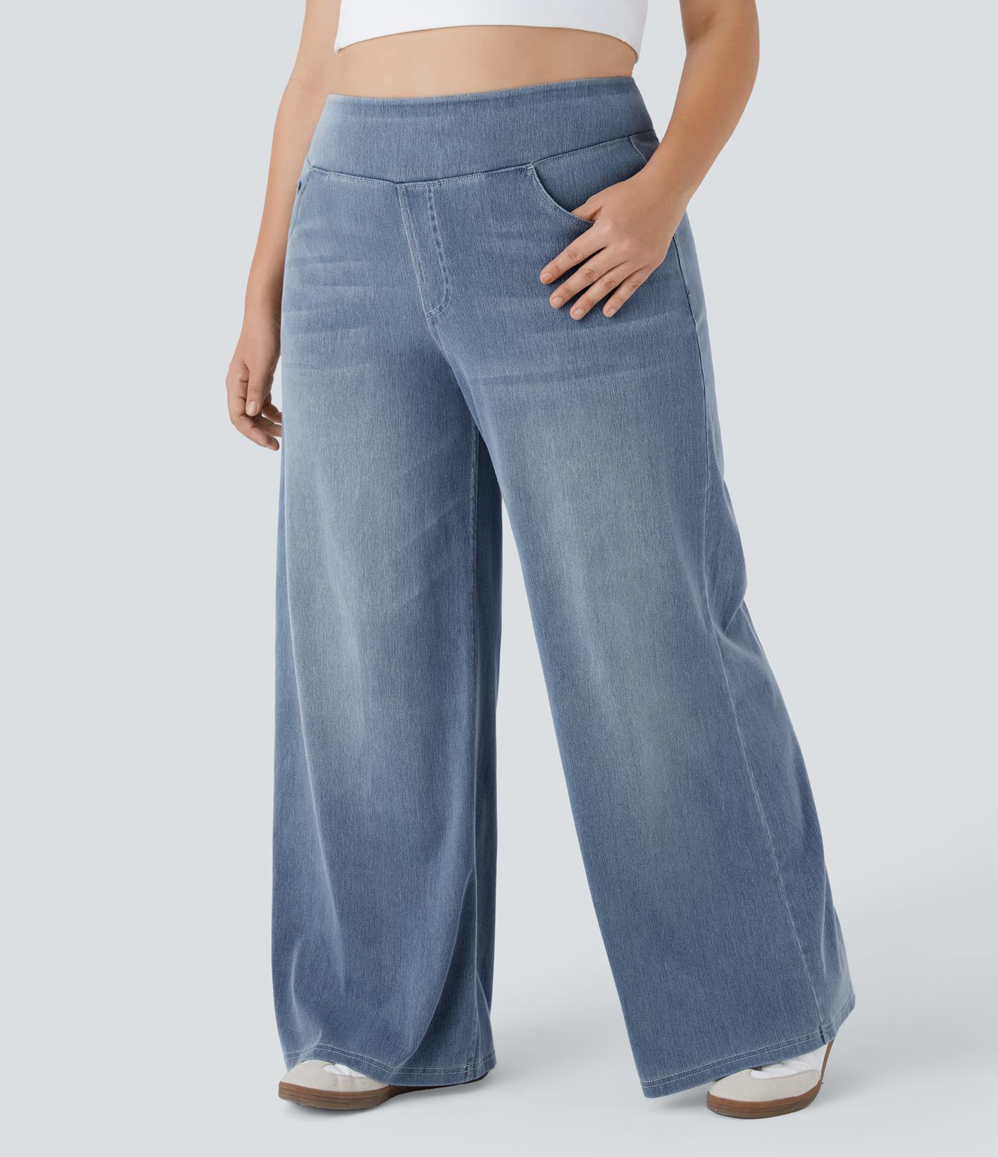 Halara Flex™ High Waisted Pockets Baggy Wide Leg Washed Casual Plus Size Jeans