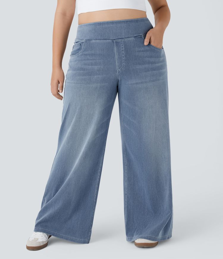 Halara Flex™ High Waisted Pockets Baggy Wide Leg Washed Casual Plus Size Jeans