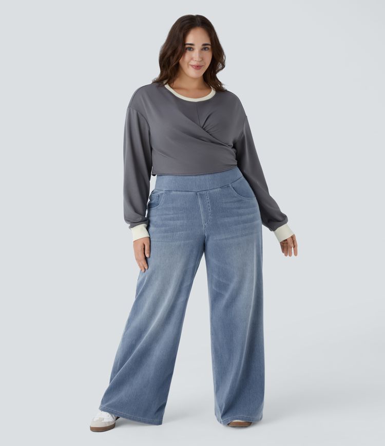 Halara Flex™ High Waisted Pockets Baggy Wide Leg Washed Casual Plus Size Jeans