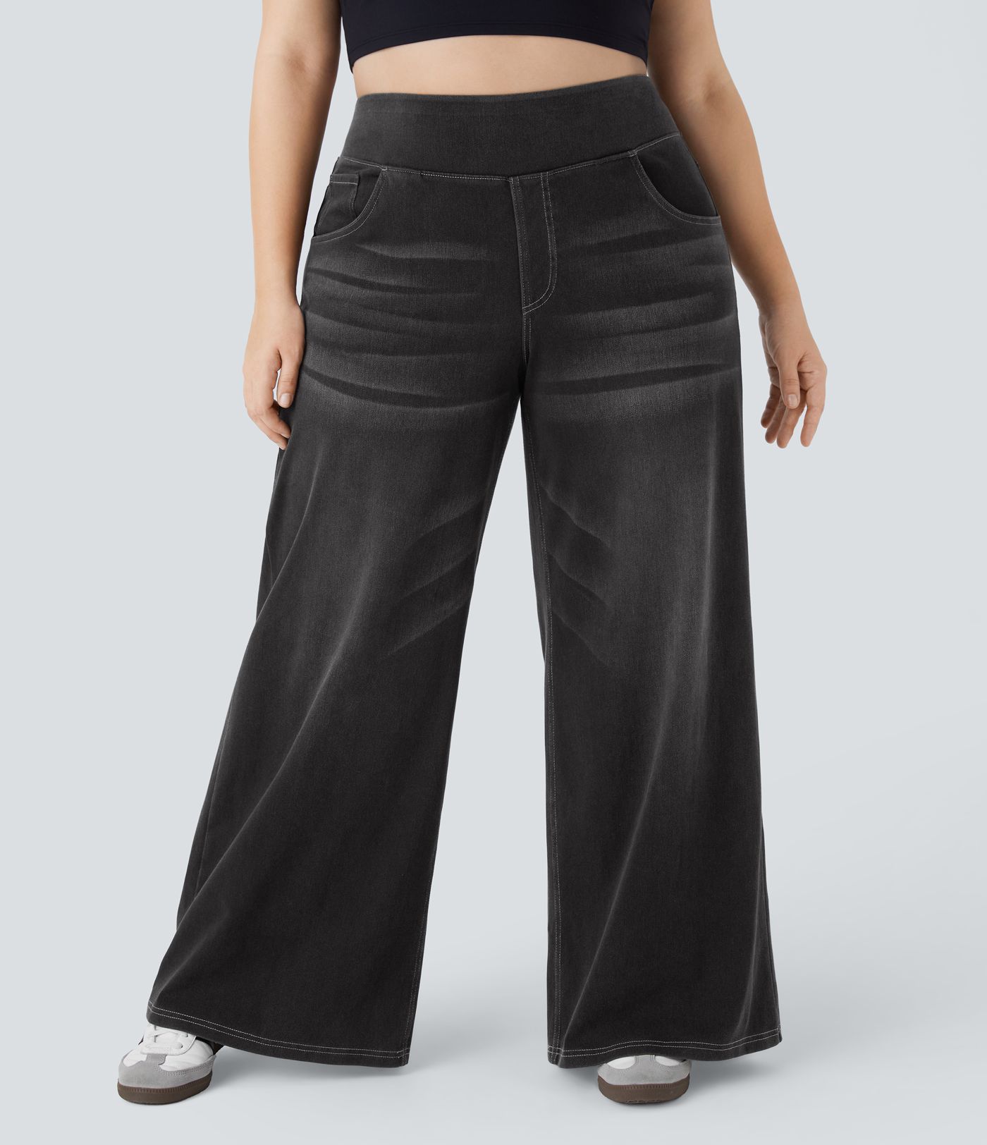 Halara Flex™ High Waisted Pockets Baggy Wide Leg Washed Casual Plus Size Jeans