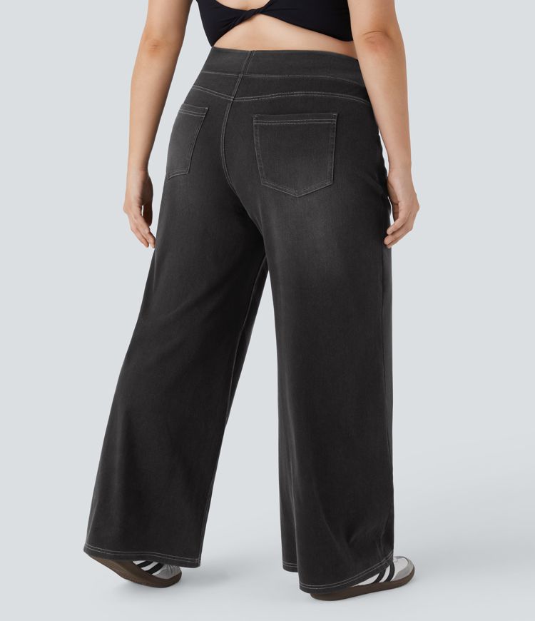 Halara Flex™ High Waisted Multiple Pockets Wide Leg Washed Stretchy Knit Casual Plus Size Jeans