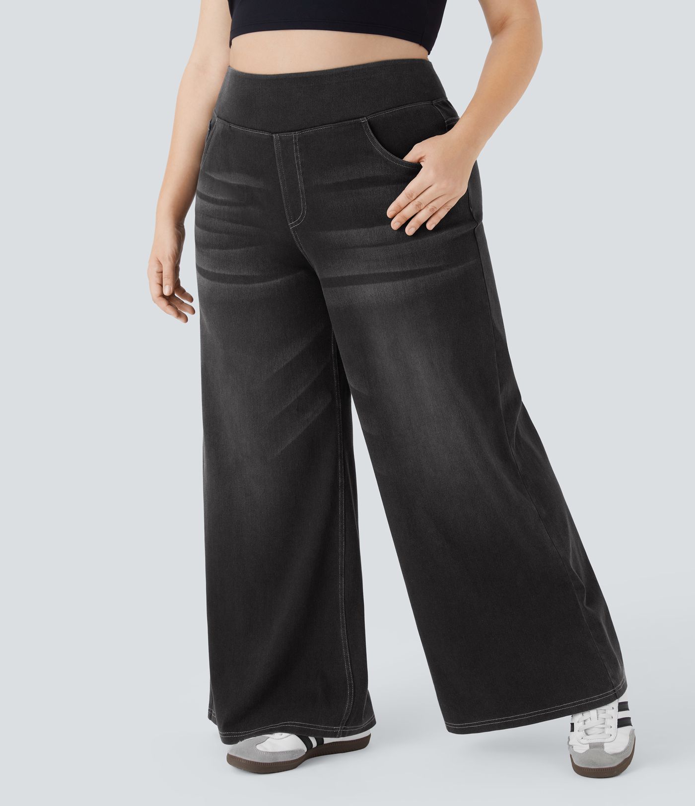 Halara Flex™ High Waisted Pockets Baggy Wide Leg Washed Casual Plus Size Jeans