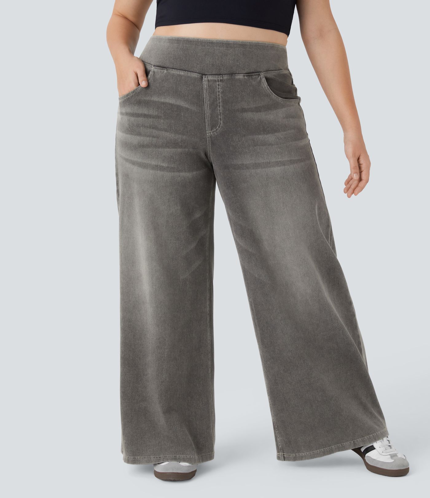 Halara Flex™ High Waisted Pockets Baggy Wide Leg Washed Casual Plus Size Jeans