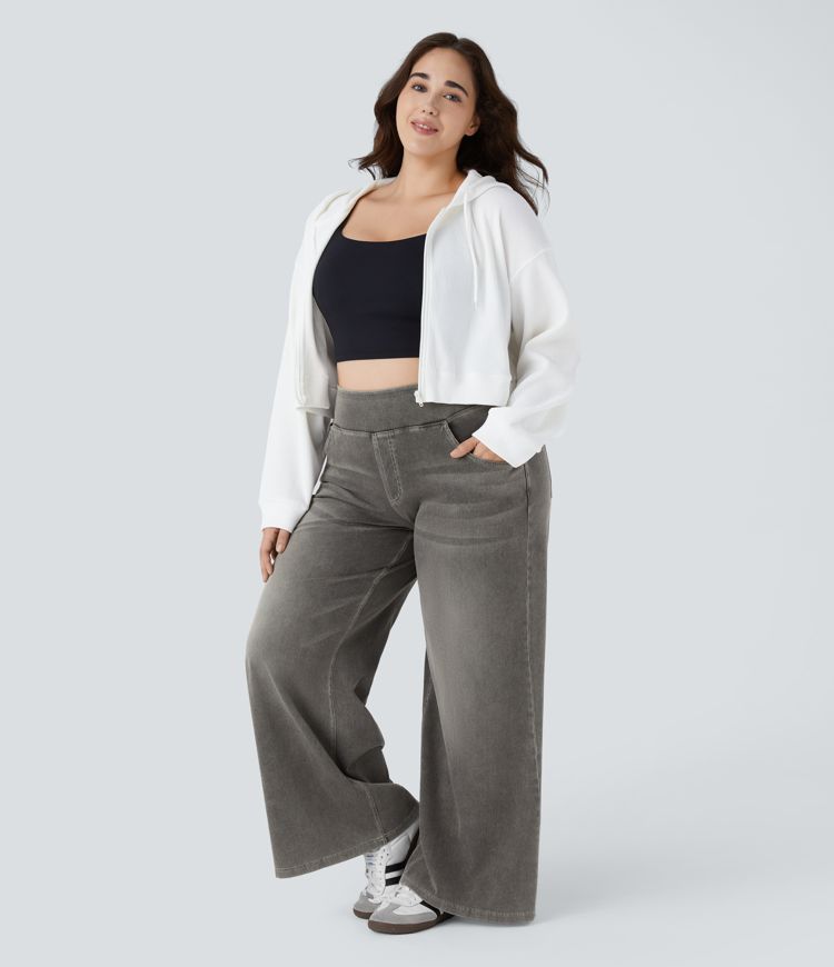 Halara Flex™ High Waisted Pockets Baggy Wide Leg Washed Casual Plus Size Jeans