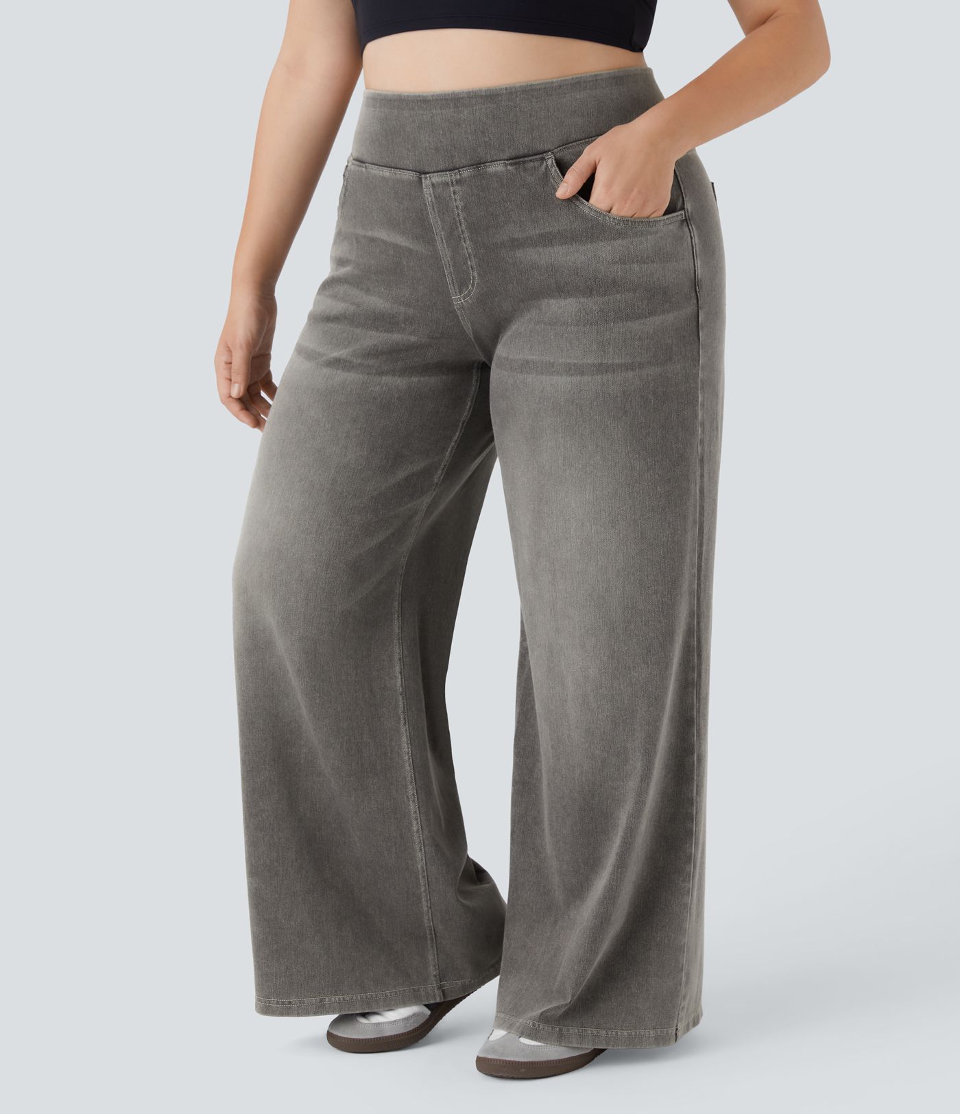 Halara Flex™ High Waisted Pockets Baggy Wide Leg Washed Casual Plus Size Jeans