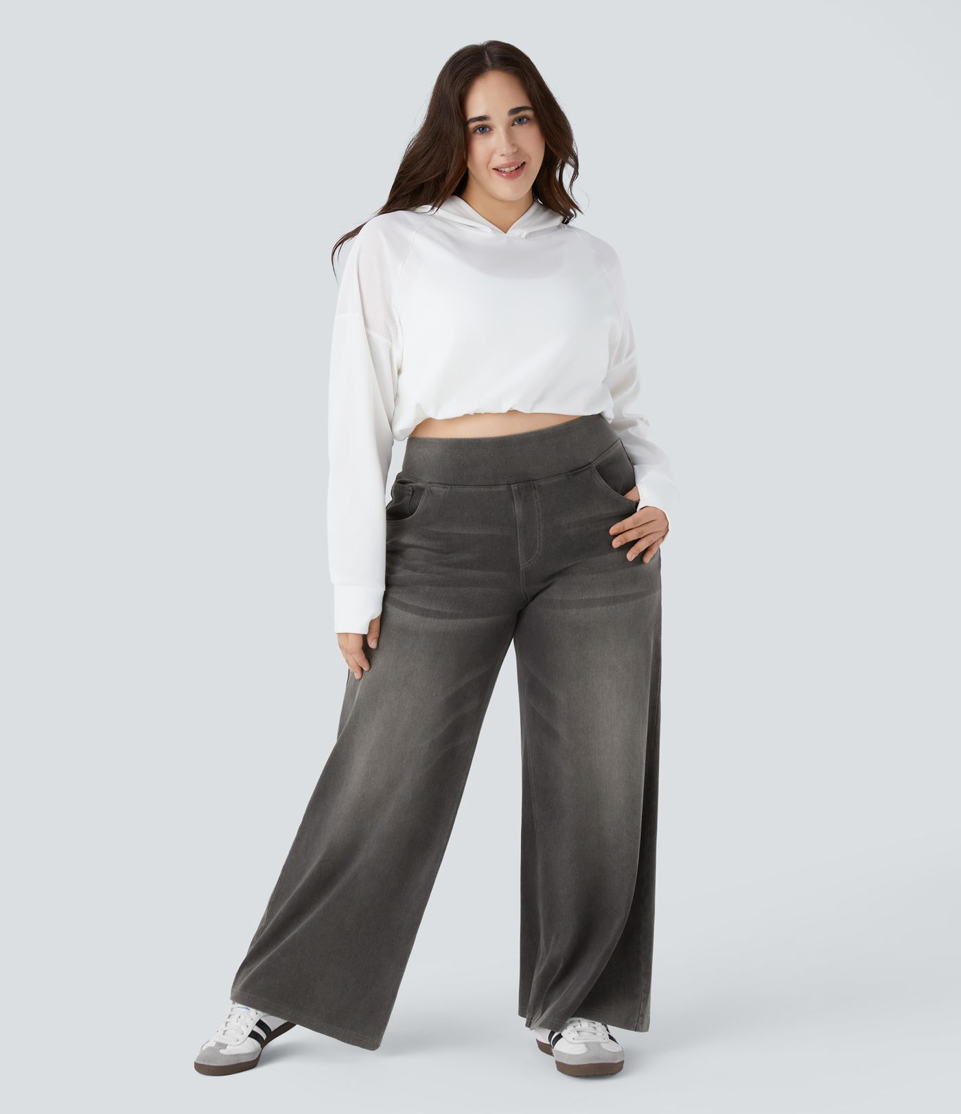Halara Flex™ High Waisted Pockets Baggy Wide Leg Washed Casual Plus Size Jeans