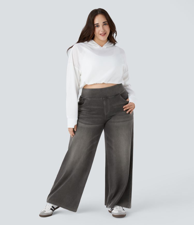 Halara Flex™ High Waisted Pockets Baggy Wide Leg Washed Casual Plus Size Jeans