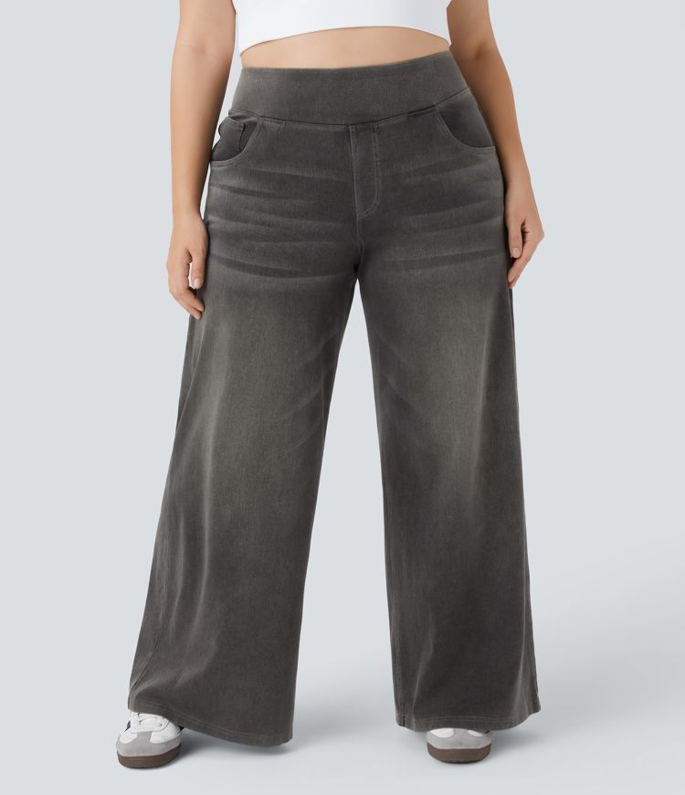 Halara Flex™ High Waisted Pockets Baggy Wide Leg Washed Casual Plus Size Jeans
