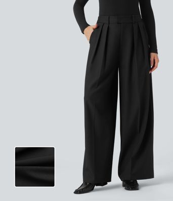 Stoffhose mit Leinen-Feeling, hohem Bund, Seitentaschen und weitem Bein - Anti-Falten