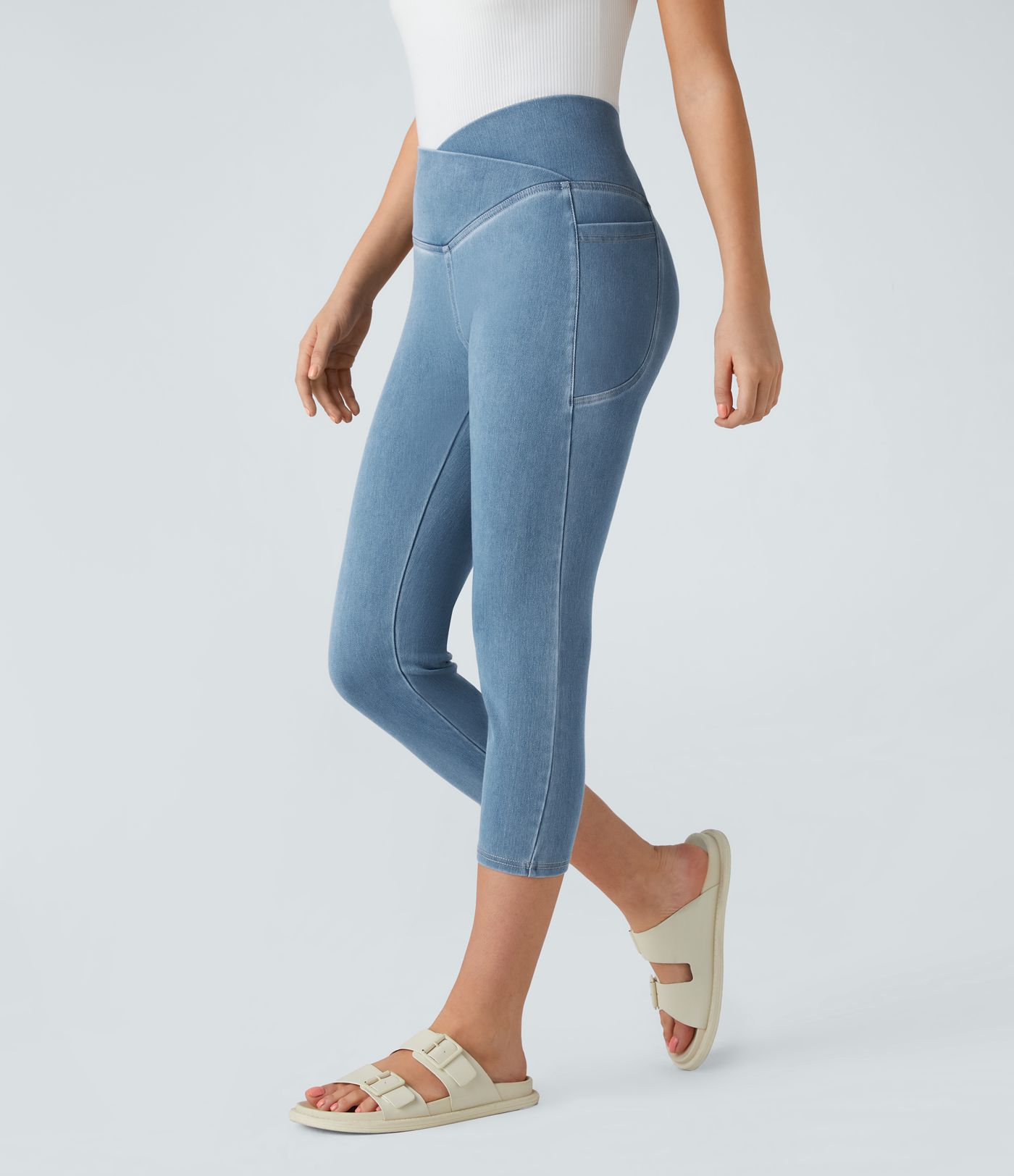 Leggings Capri en Denim Lavé avec Poche Croisée Halara Flex™ décontractés