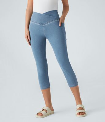Leggings Capri en Denim Lavé avec Poche Croisée Halara Flex™ décontractés