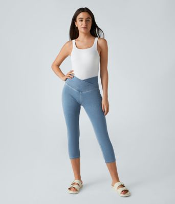 Leggings Capri en Denim Lavé avec Poche Croisée Halara Flex™ décontractés