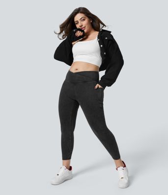 Halara Flex™ Skośne Legginsy Robocze z Kieszenią, Pranie Dżinsowe, Rozmiary Plus