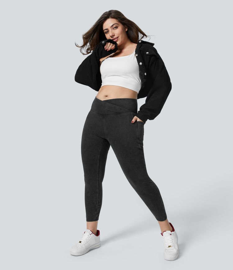 Halara Flex™ Skośne Legginsy Robocze z Kieszenią, Pranie Dżinsowe, Rozmiary Plus