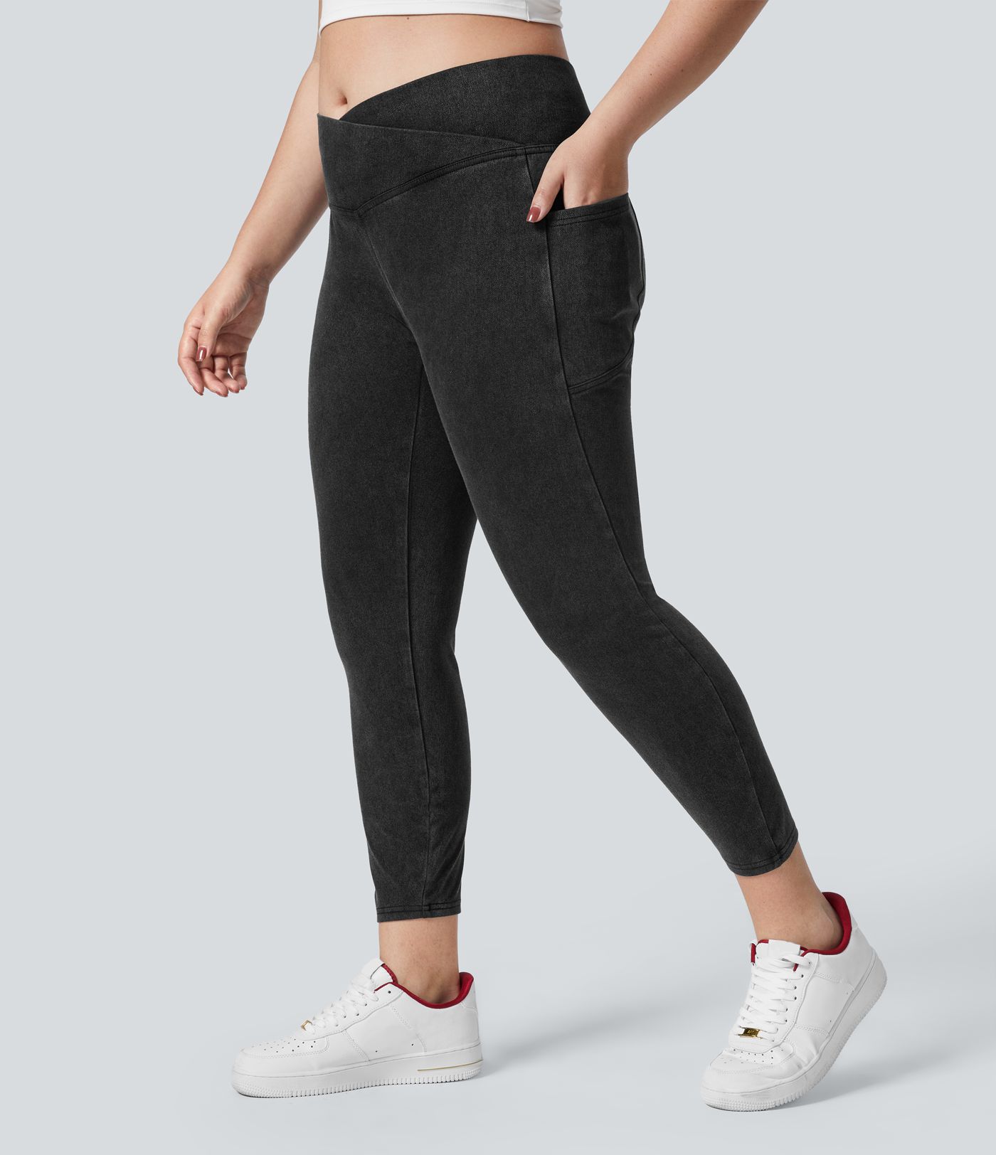 Halara Flex™ Skośne Legginsy Robocze z Kieszenią, Pranie Dżinsowe, Rozmiary Plus