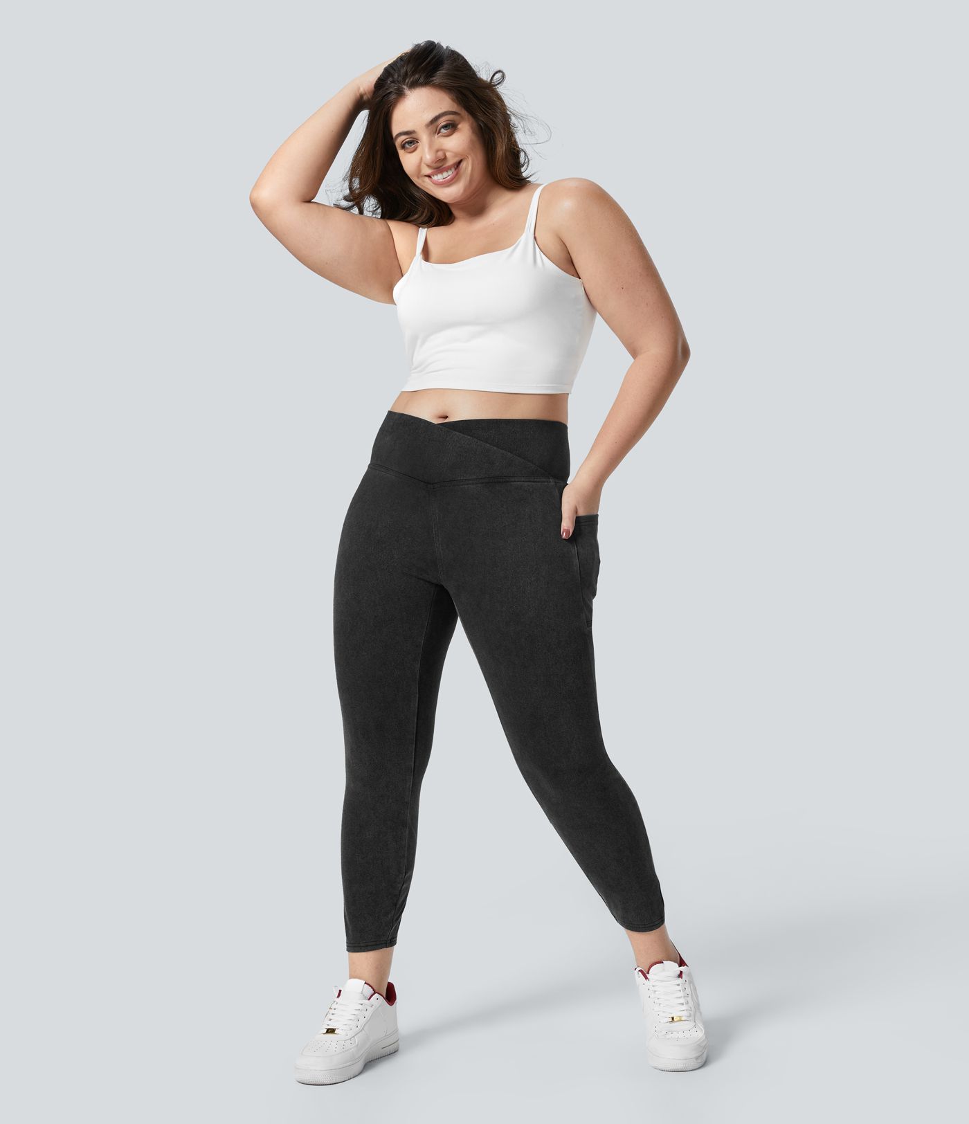 Halara Flex™ Skośne Legginsy Robocze z Kieszenią, Pranie Dżinsowe, Rozmiary Plus