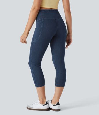 Halara Flex™ - Capri-Leggings aus gewaschenem, dehnbarem Denim-Strick mit überkreuzten Seitentaschen