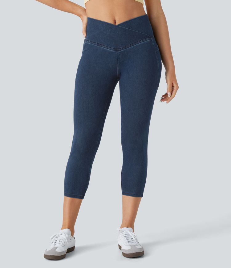 Halara Flex™ - Capri-Leggings aus gewaschenem, dehnbarem Denim-Strick mit überkreuzten Seitentaschen