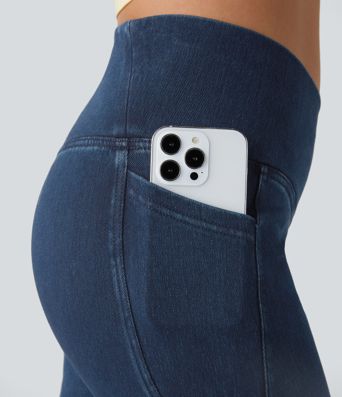 Halara Flex™ - Capri-Leggings aus gewaschenem, dehnbarem Denim-Strick mit überkreuzten Seitentaschen